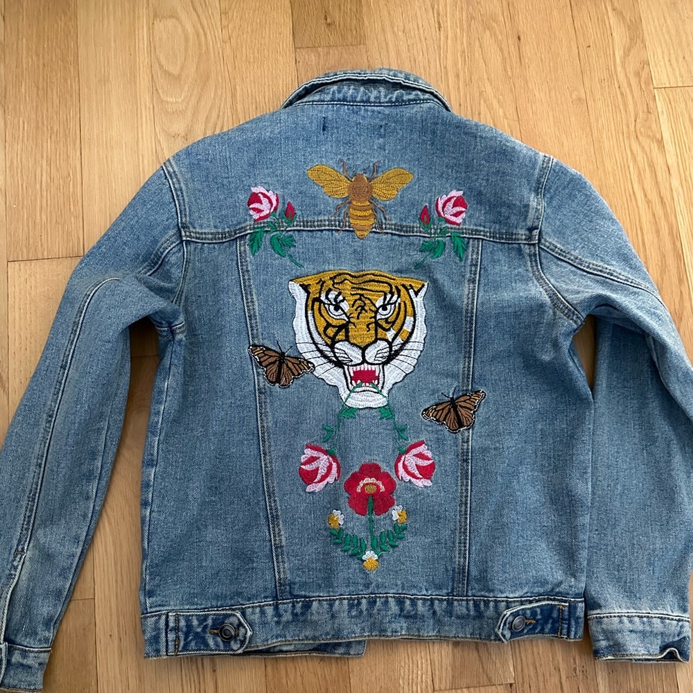 Thrifted Denim Jacket Floral Tiger 🐅